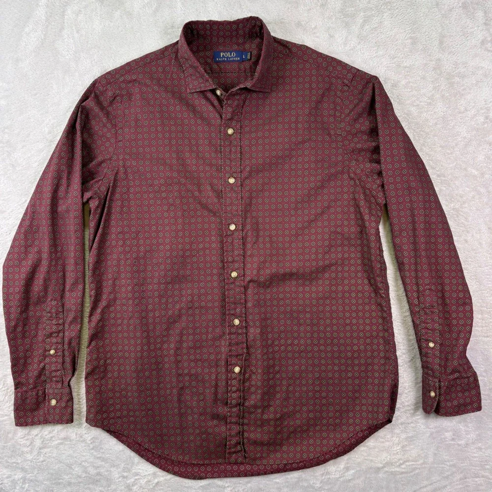 Polo Ralph Lauren‎ Mens Button Down Shirt L Burgundy Medallion Print Cotton